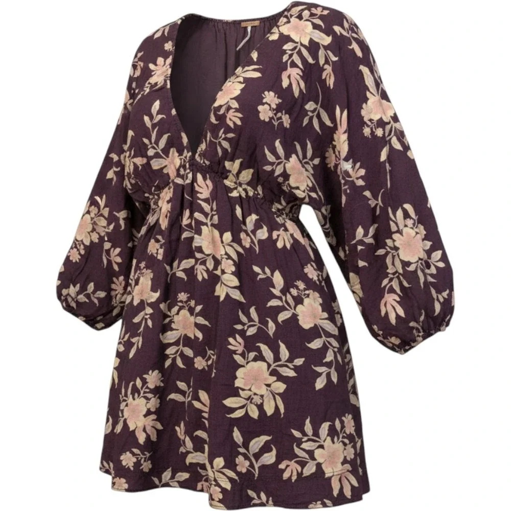 Free People Portia Floral Mini Dress Womens Small Purple Linen Boho Cottagecore